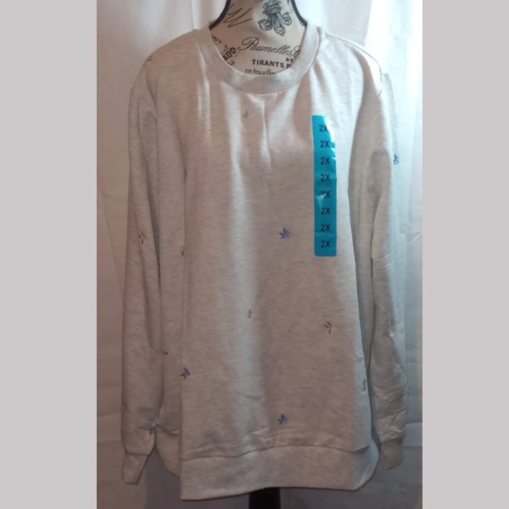 NWT Gloria Vanderbilt Women 2XL Gray Floral Pullover Sweatshirt Embroidered Knit